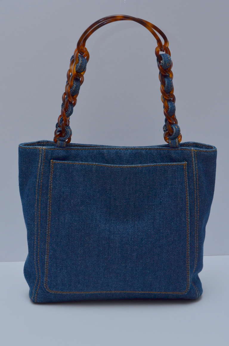 Chanel Mini Denim Tote Handbag Tortoise Handle In Excellent Condition In New York, NY
