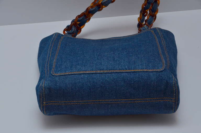 Women's Chanel Mini Denim Tote Handbag Tortoise Handle