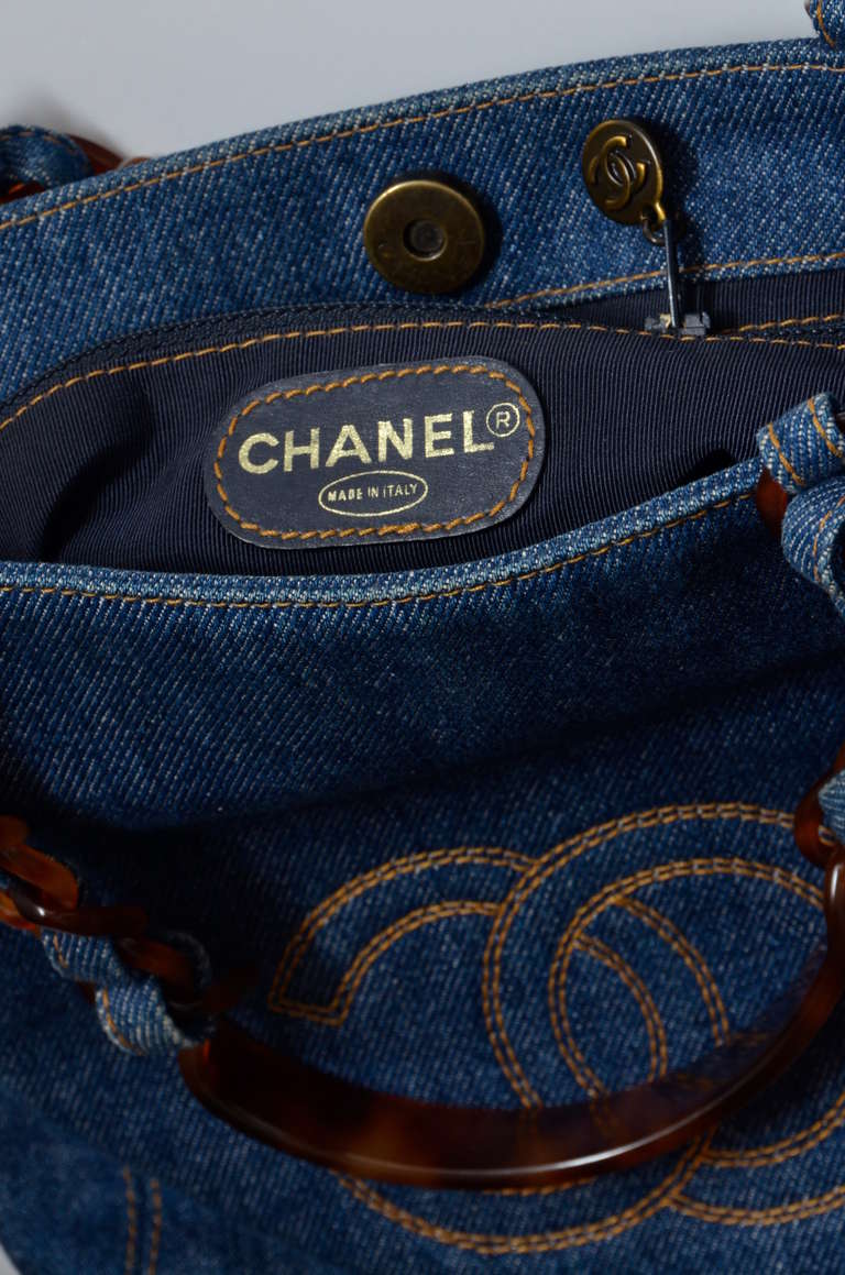 Chanel Mini Denim Tote Handbag Tortoise Handle 2