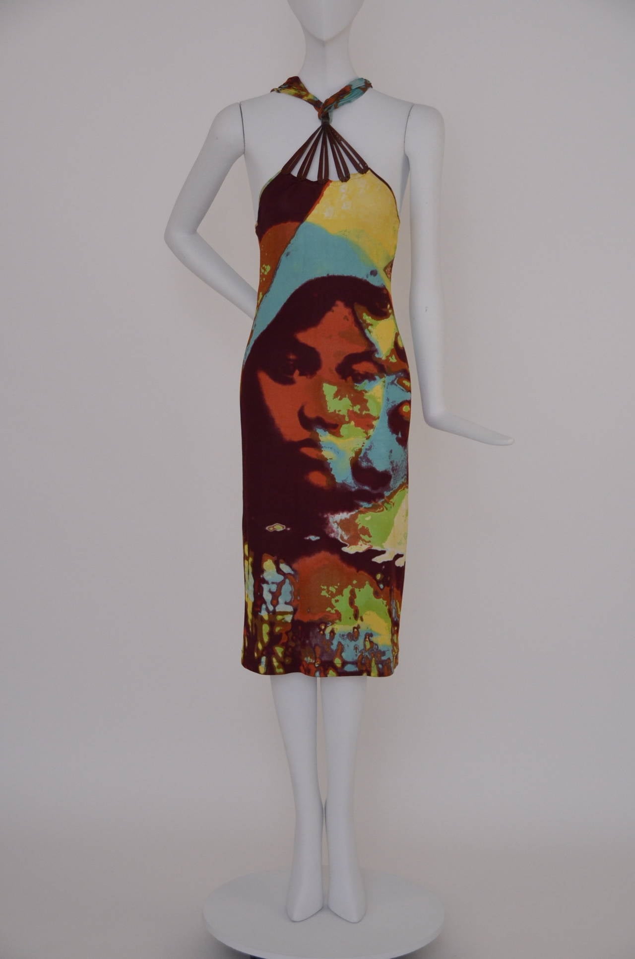 Jean Paul Gaultier  femme pop art face print  dress.
Size 6 US.
Very good condition.Leather straps in the  top front,silk straps.
Dress is 100% viscose fabric.
Made in Italy.

Final Sale.