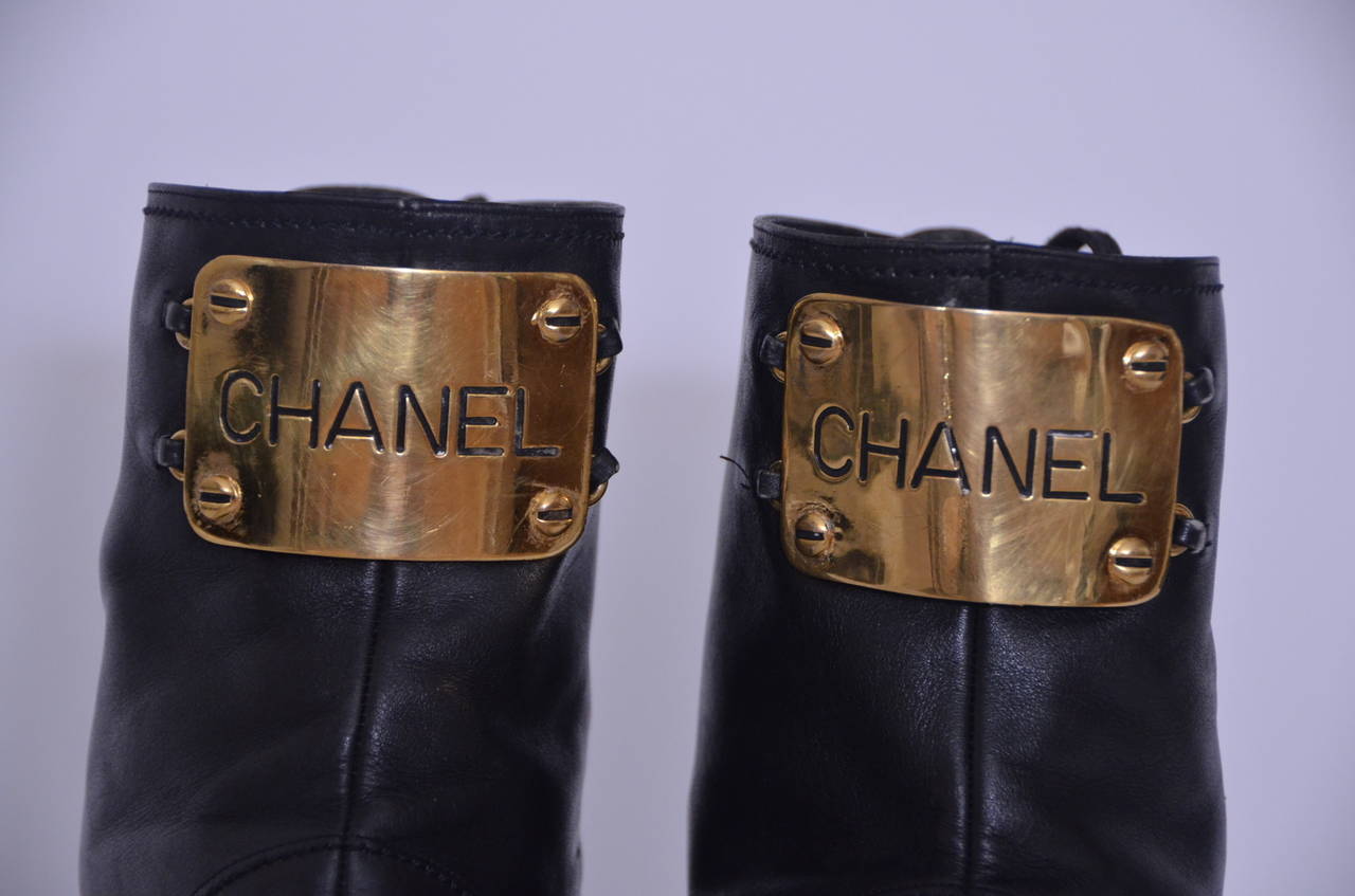 Rare CHANEL Vintage Combat Boots With Gold-plated Plaque 1990's at ...