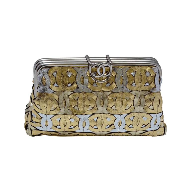 Chanel CC Silver/Gold Metallic Leather Clutch Handbag