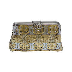 Chanel  CC Silver/Gold Metallic Leather  Clutch Handbag