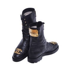 Rare CHANEL Vintage Combat Boots With Gold-plated Plaque 1990's at