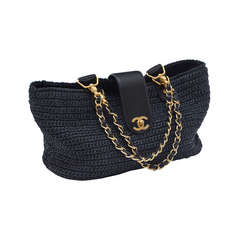Chanel Straw Raffia Black Handbag Mint