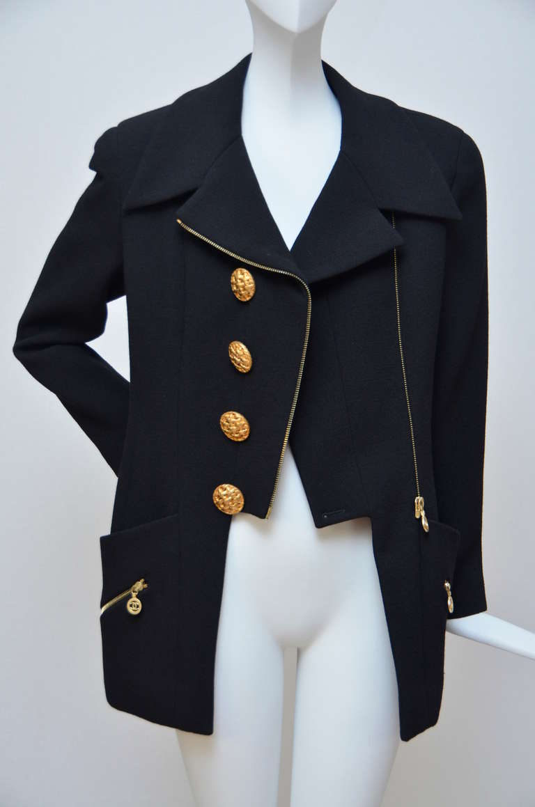 Chanel Vintage Jacket With Large Buttons And CC Zippers As Seen On Claudia