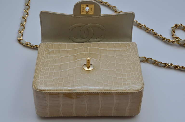 Women's Chanel Shiny  MINI Nude/Beige  Classic CC Turn Lock Crocodile Handbag MINT