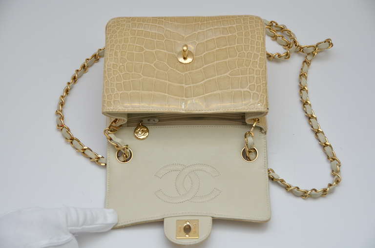 Chanel Shiny  MINI Nude/Beige  Classic CC Turn Lock Crocodile Handbag MINT 1