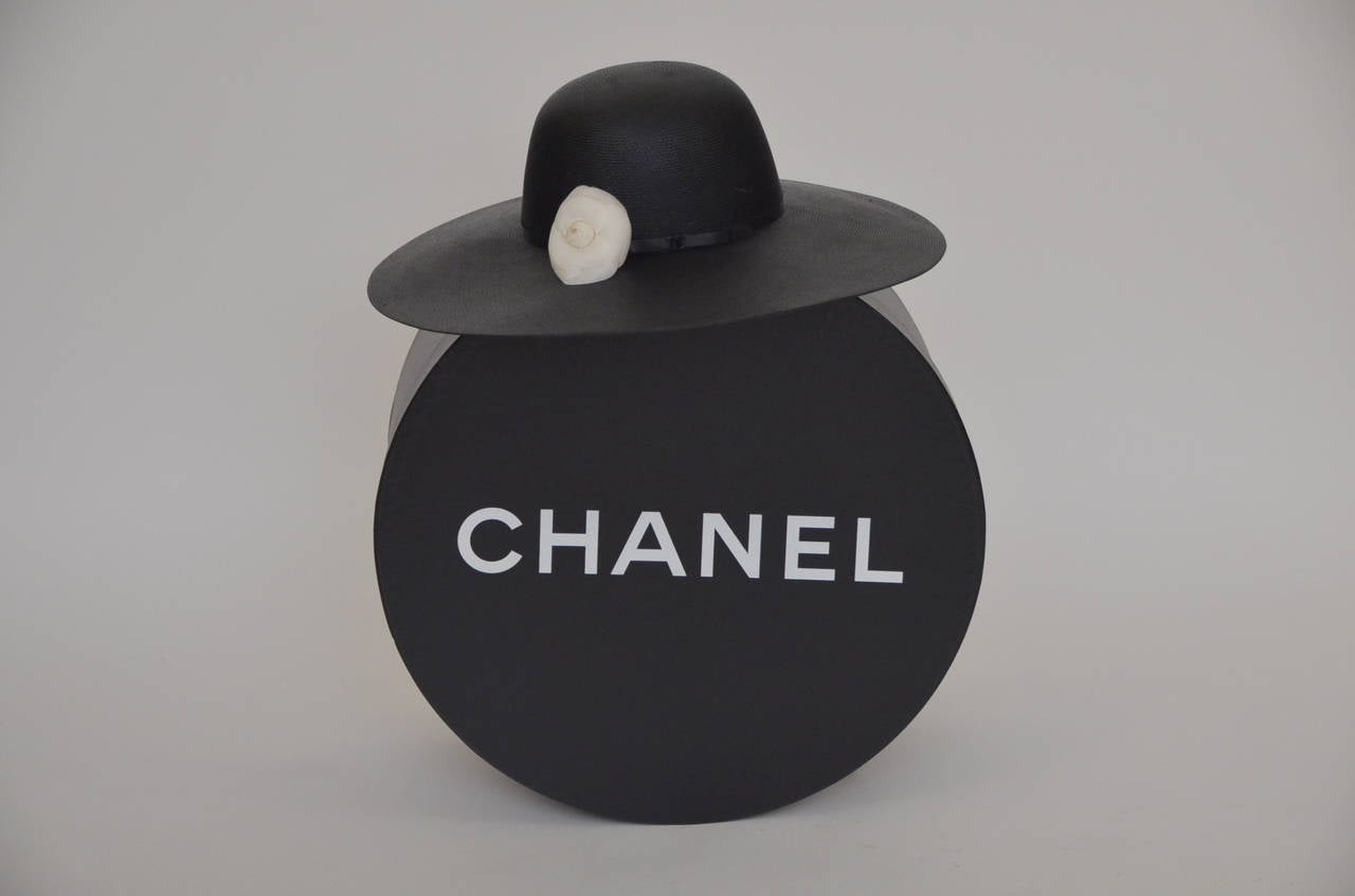 Chanel Runway '07 Black Straw Hat With Camellia New at 1stDibs | chanel straw hat