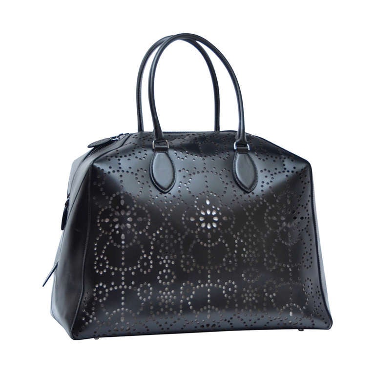 Azzedine Alaia Black Leather Laser   Perforated Handbag Tote New