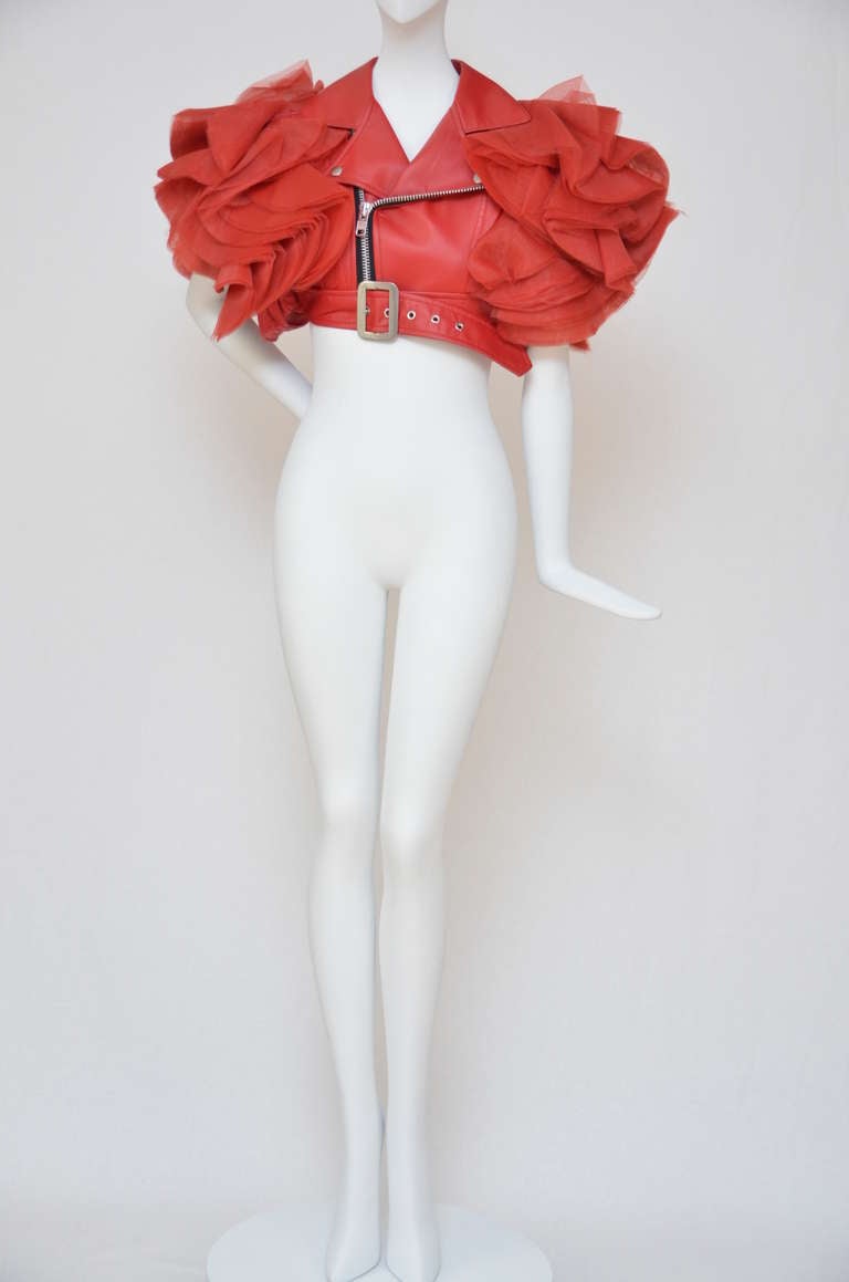Junya Watanabe Comme Des Garcons Red Faux Leather Ruffle Jacket