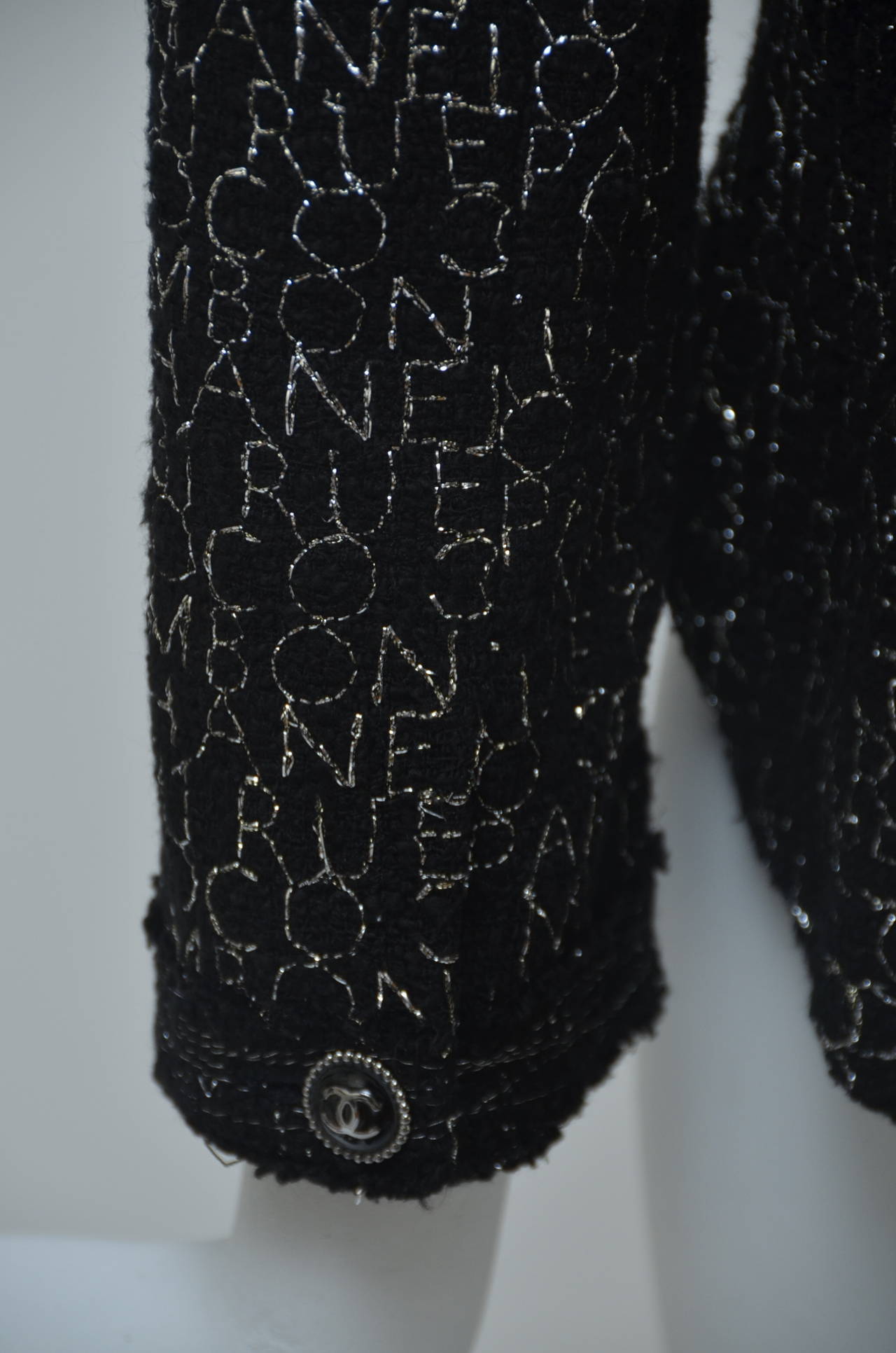 CHANEL Little Black Tweed Jacket  '07  Silver COCO RUE CAMBON PARIS CC   New 36 In New Condition In New York, NY