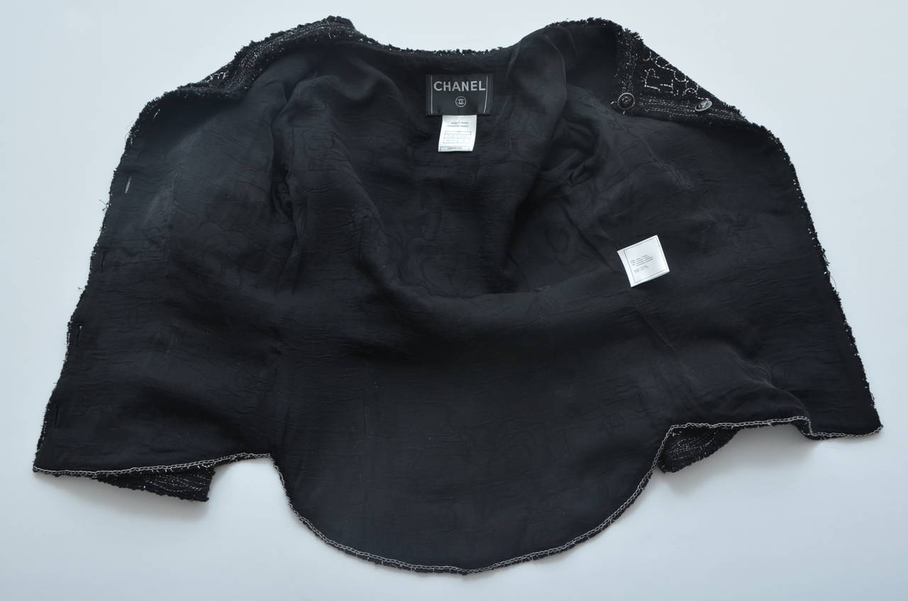 Women's CHANEL Little Black Tweed Jacket  '07  Silver COCO RUE CAMBON PARIS CC   New 36