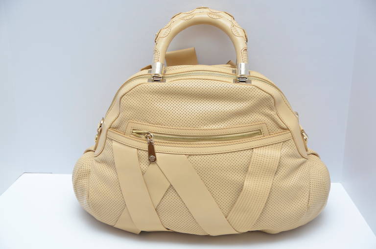 Beige Versace Bow Leather Perforated Handbag Large Size New