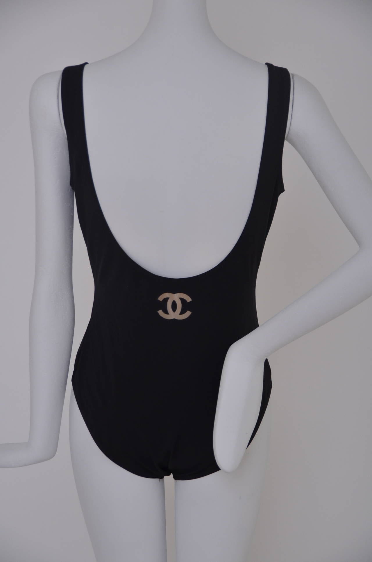 CHANEL 1998 off White Swimsuit Bodysuit CC black logo Sz.L