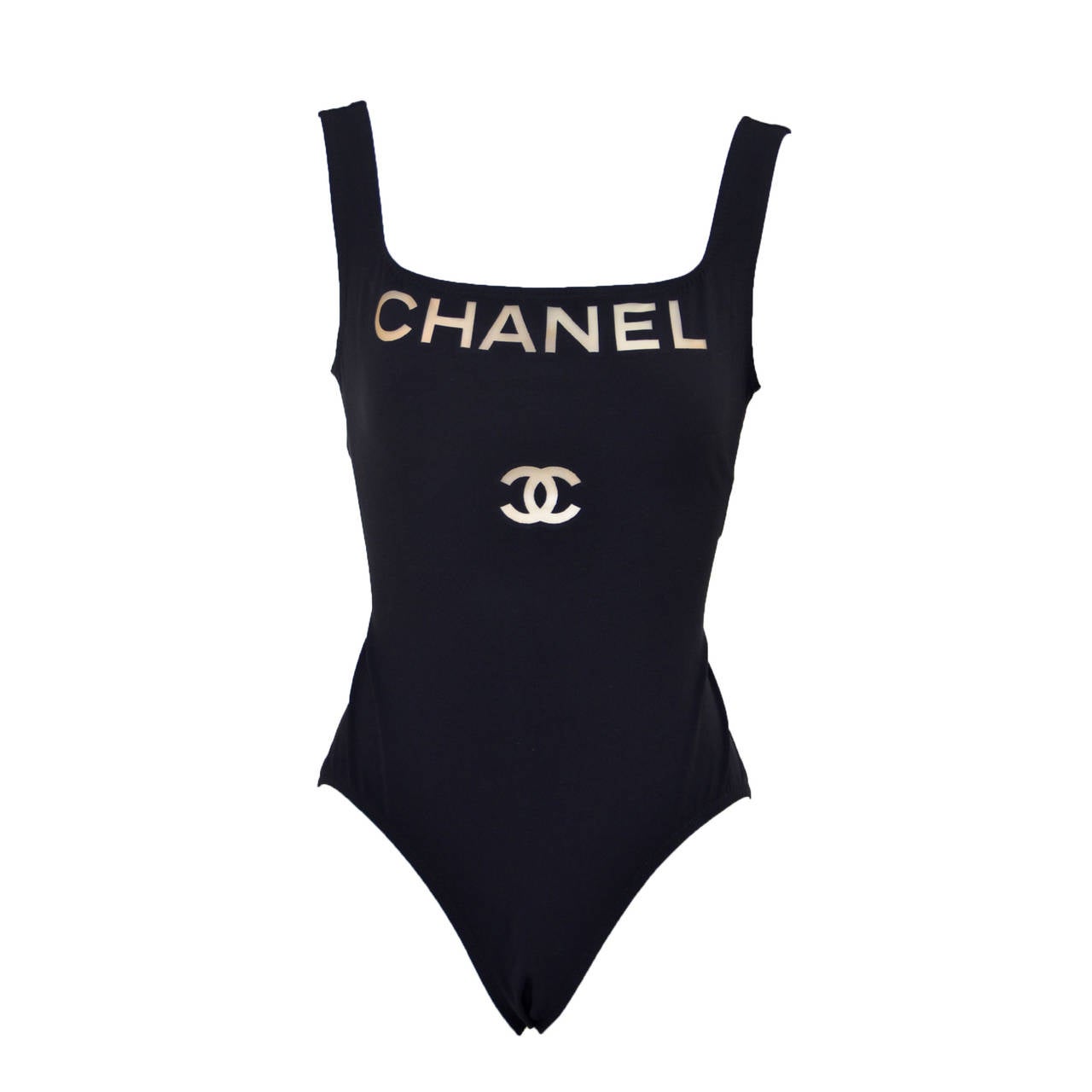 Chanel Black Clear Logo One Piece Bathing Suit 01P Size 38 NEW (£7,189) ❤  liked on Polyvore featuring swimwear, one-pi…