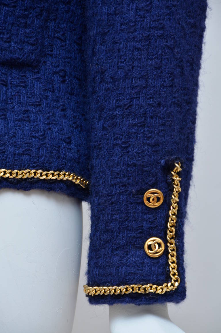 Women's Chanel Royal Blue Tweed Jacket With Gold Chain Spectacular