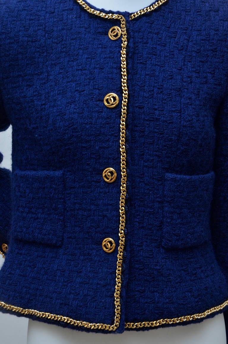 Chanel Royal Blue Tweed Jacket With Gold Chain Spectacular In Excellent Condition In New York, NY