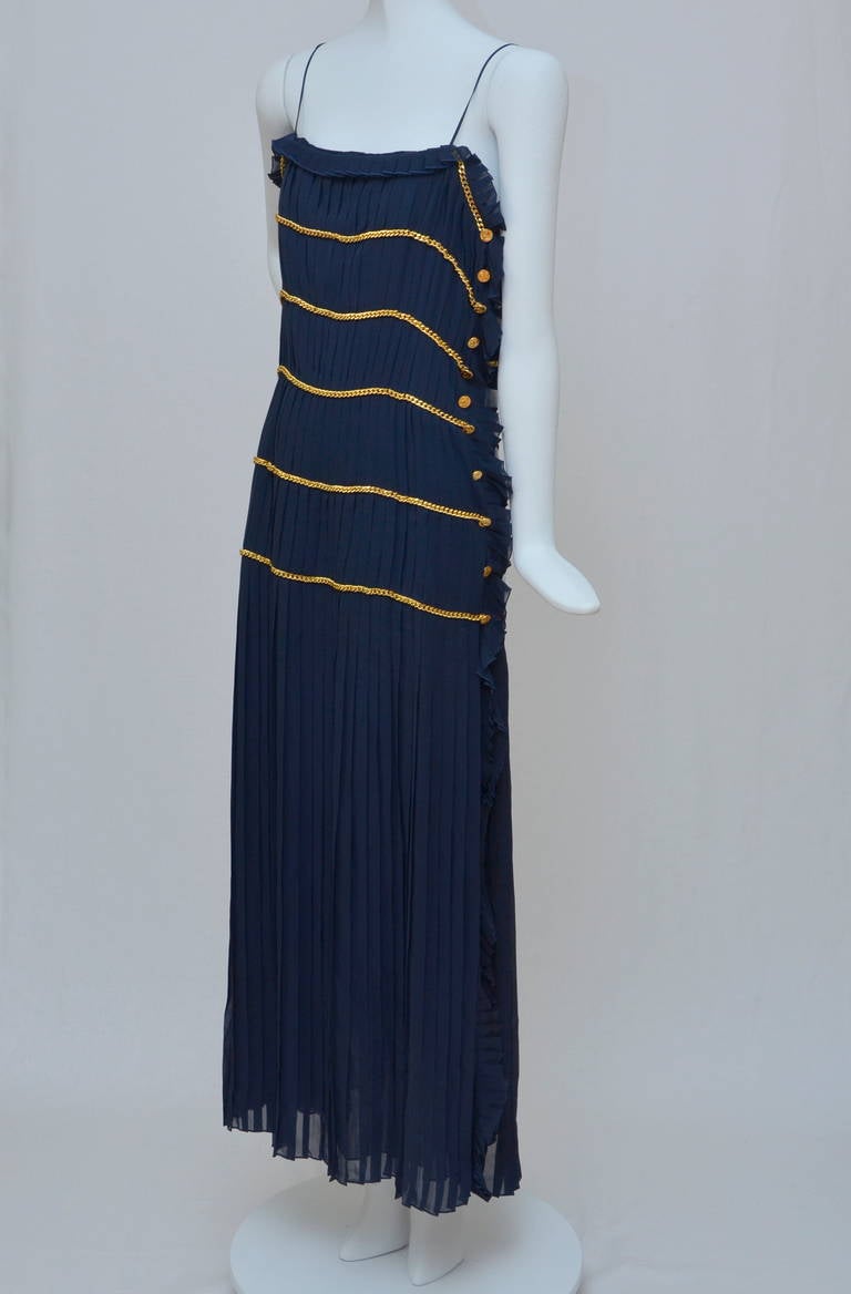 Chanel Royal Blue Flapper Dress With Gold Chain New