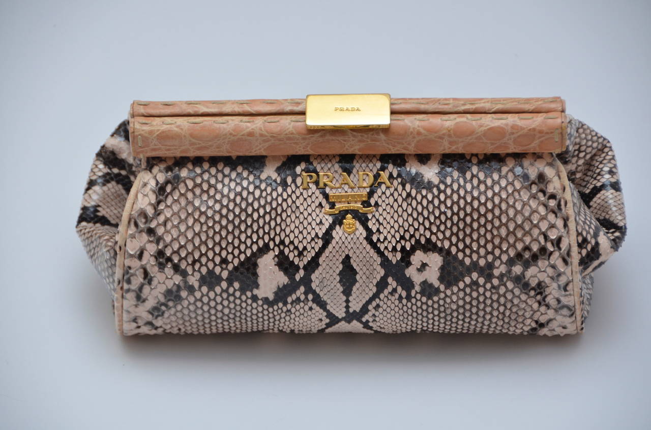 Prada  Nude/Brown Mix Color  Python Clutch With Croc Trim New In New Condition In New York, NY