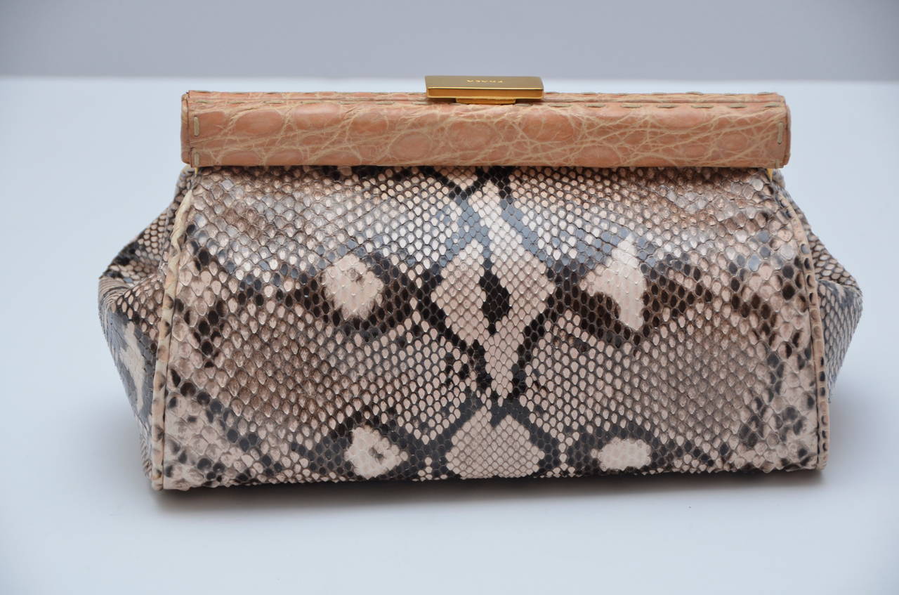 Women's Prada  Nude/Brown Mix Color  Python Clutch With Croc Trim New