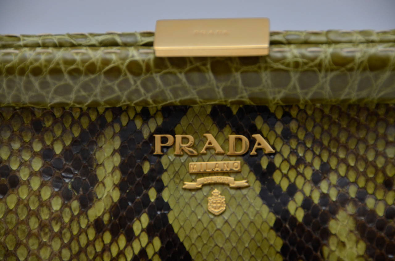 Prada  Green Python Clutch With Croc Trim New 5
