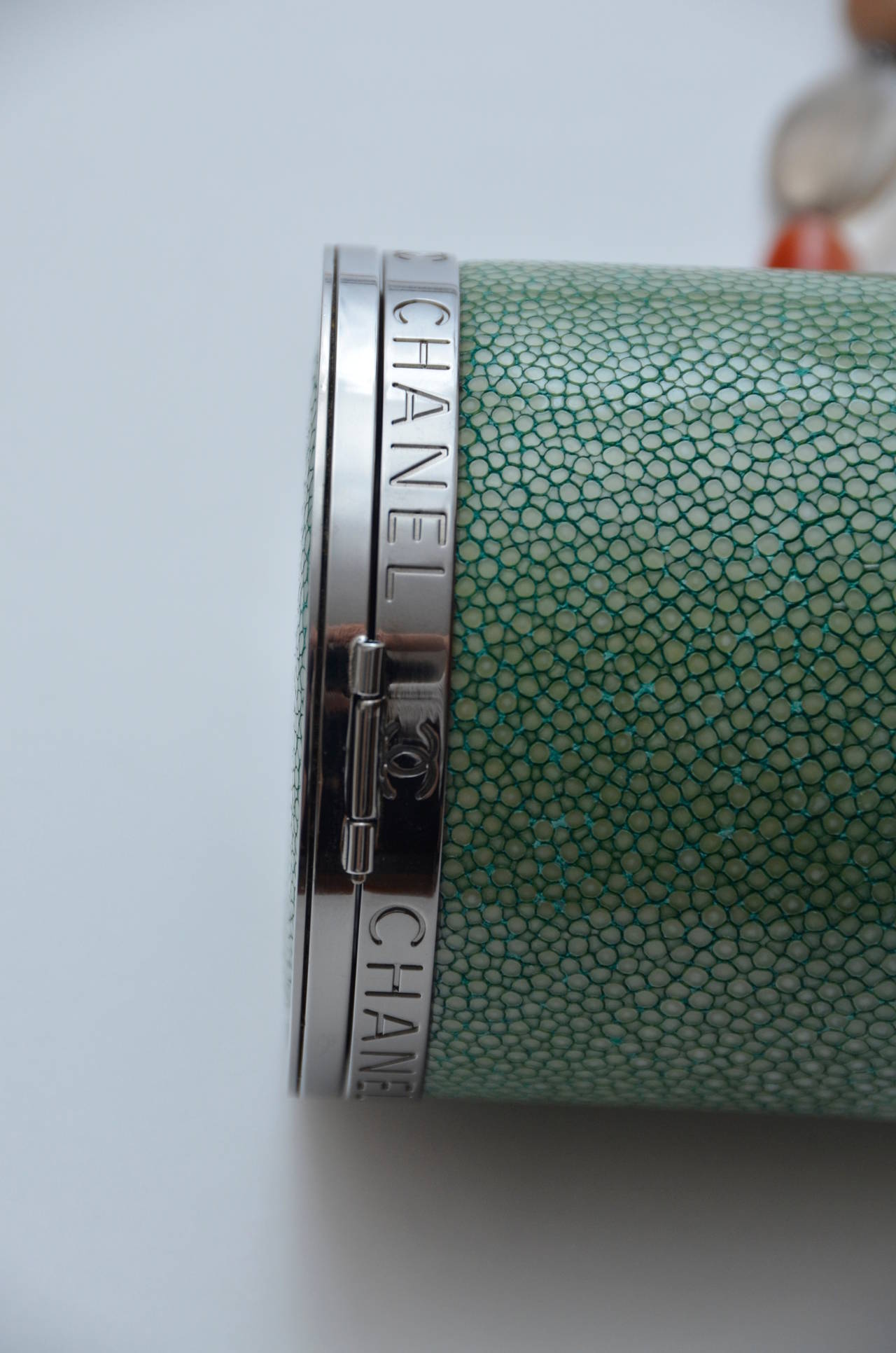 CHANEL  Mini Barrel Green Stingray Cylinder Wristlet Bag  Collector's 3