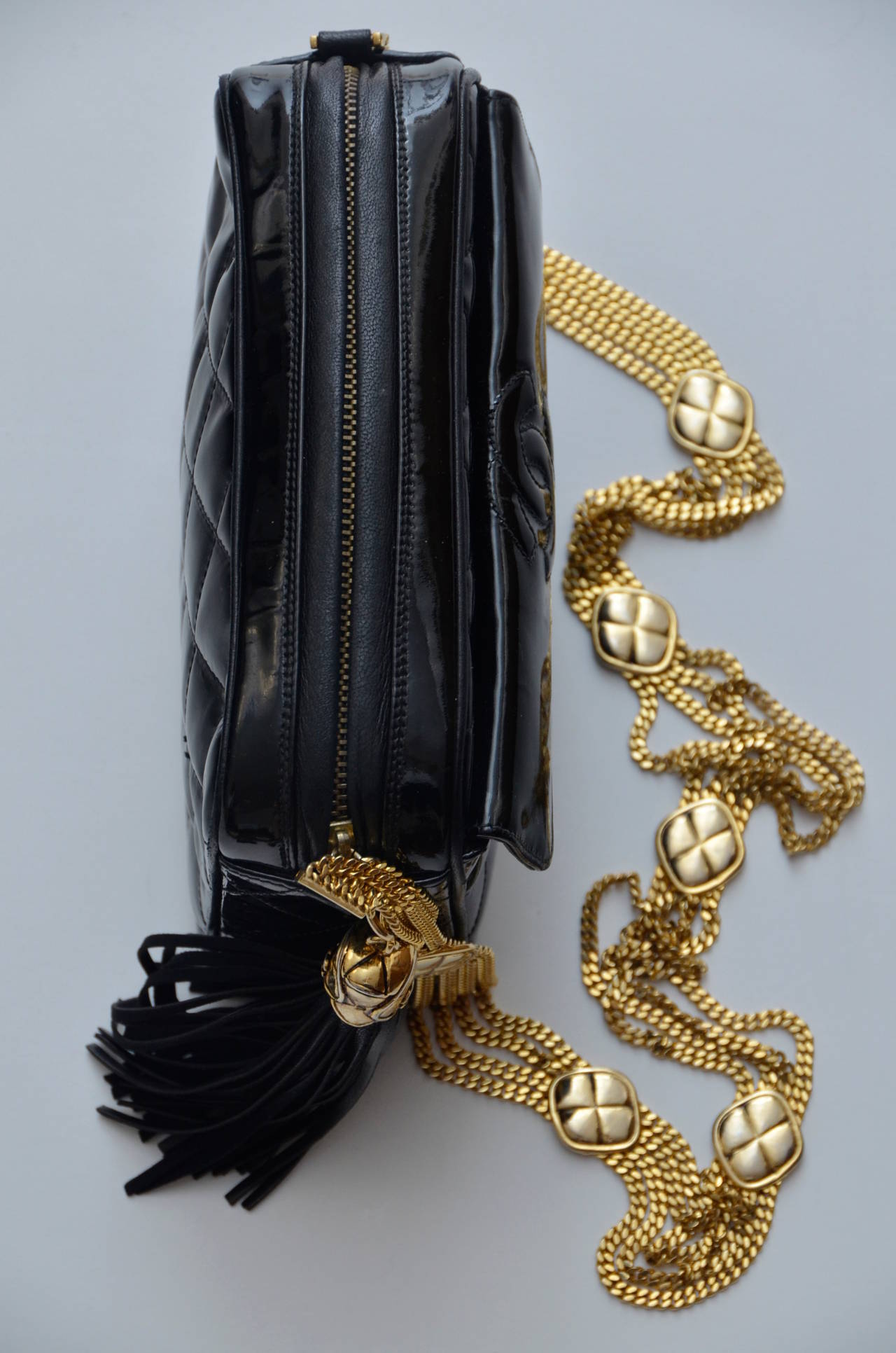 Women's Chanel Rare Vintage Mini Patent Camera  Handbag With Gold Chain And Tassel