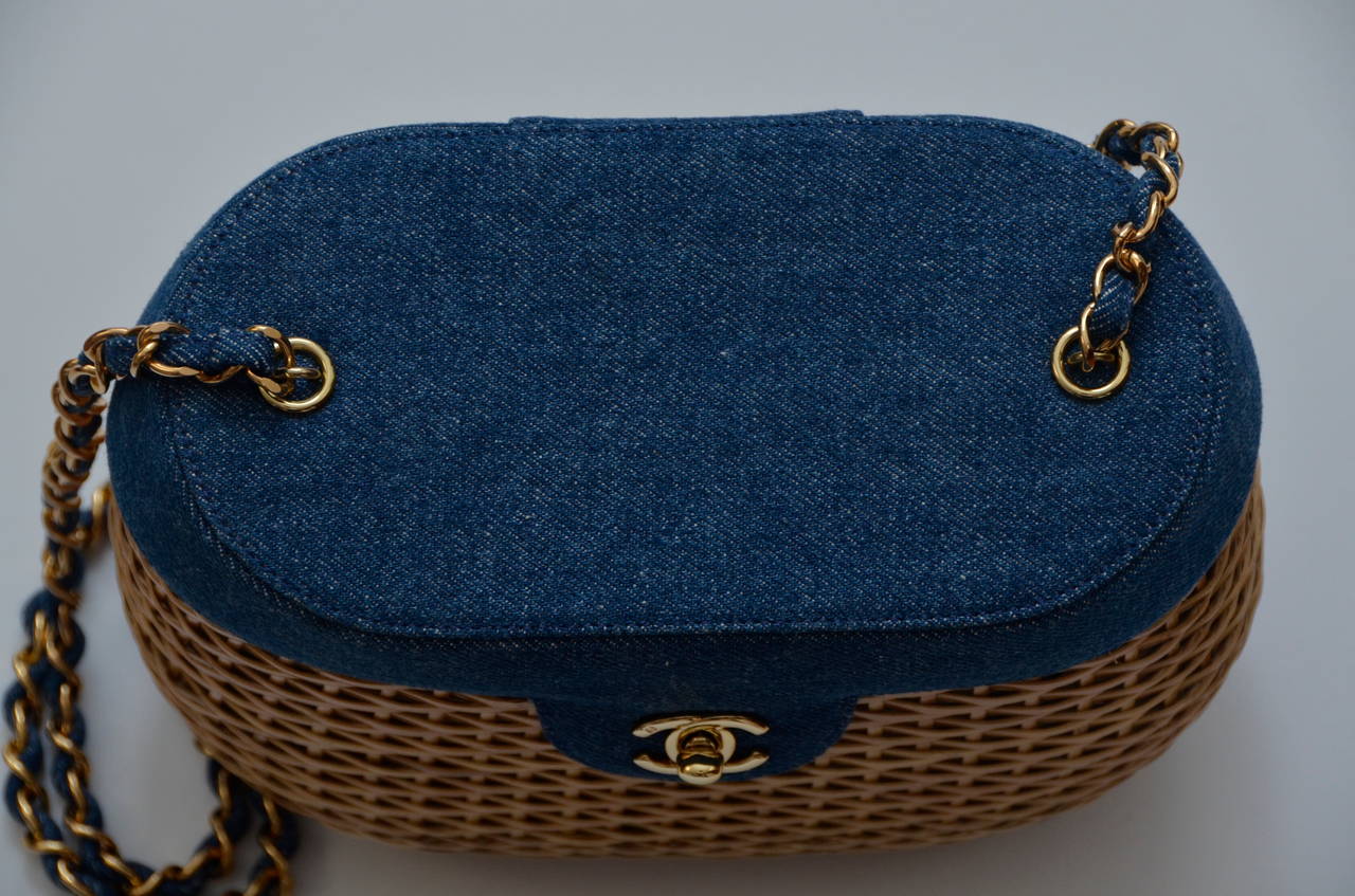 Vintage CHANEL Straw Raffia Denim Top Handbag Mint