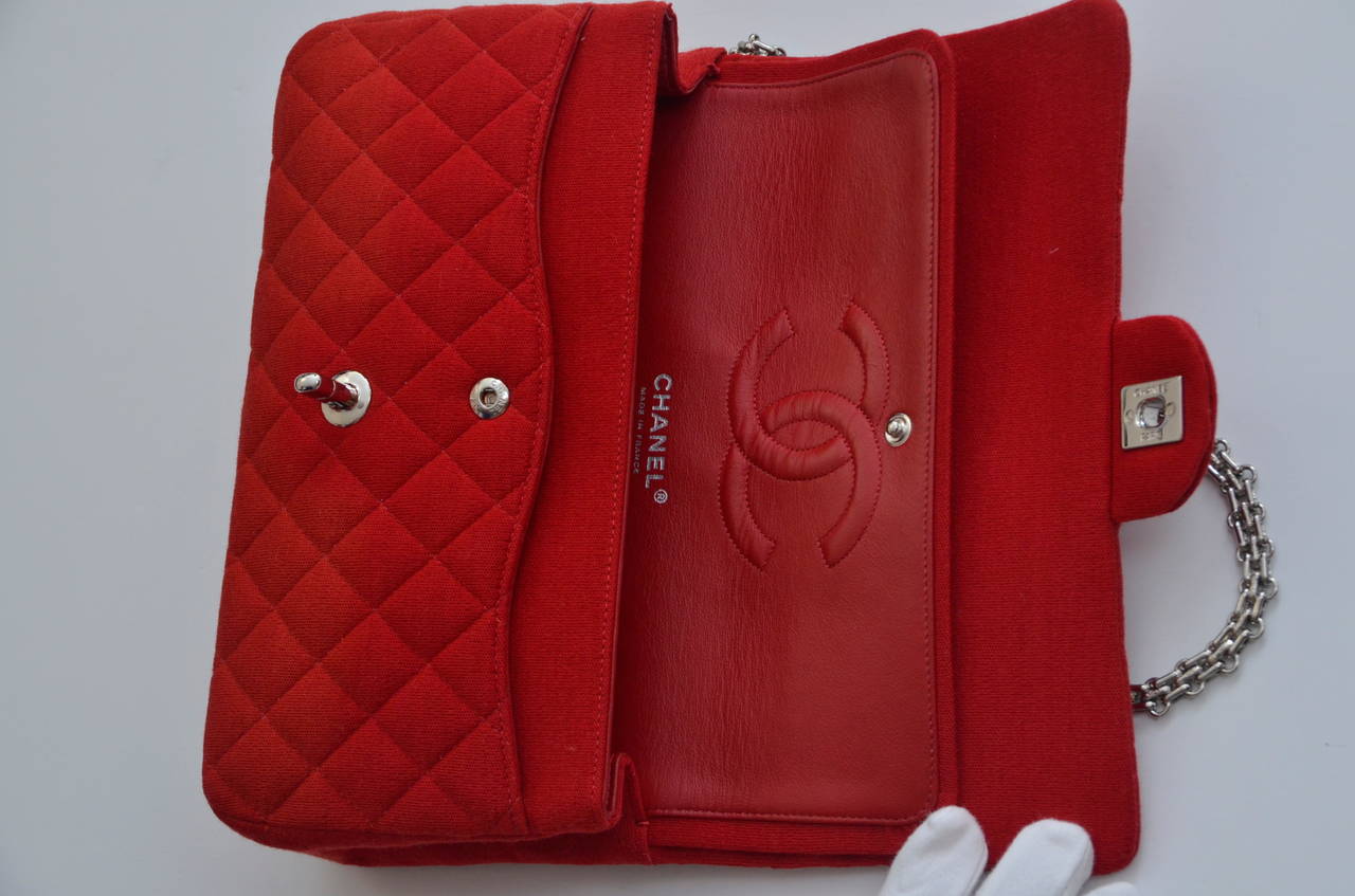 CHANEL Red Lipstick Jersey Double Flap Handbag Mint 2