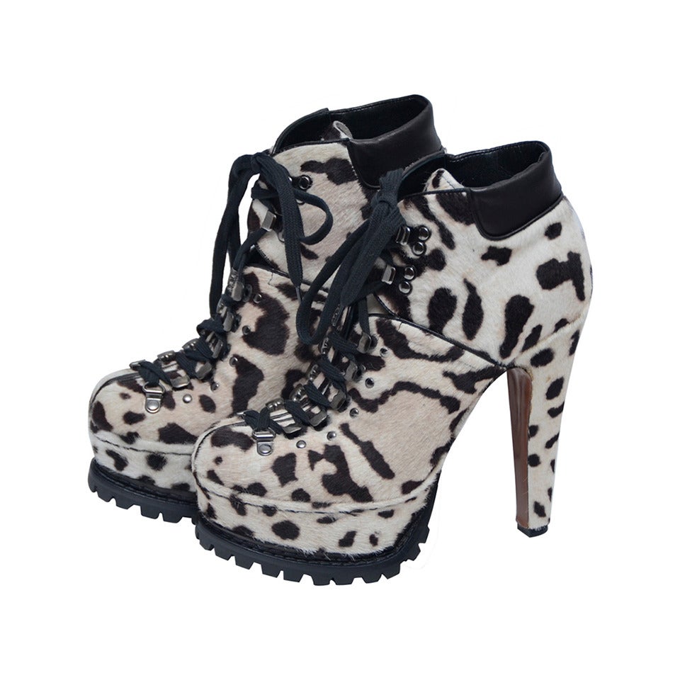 ALAIA   Snow Leopard Pony Hair Platform Hiking Boots 38 NEW