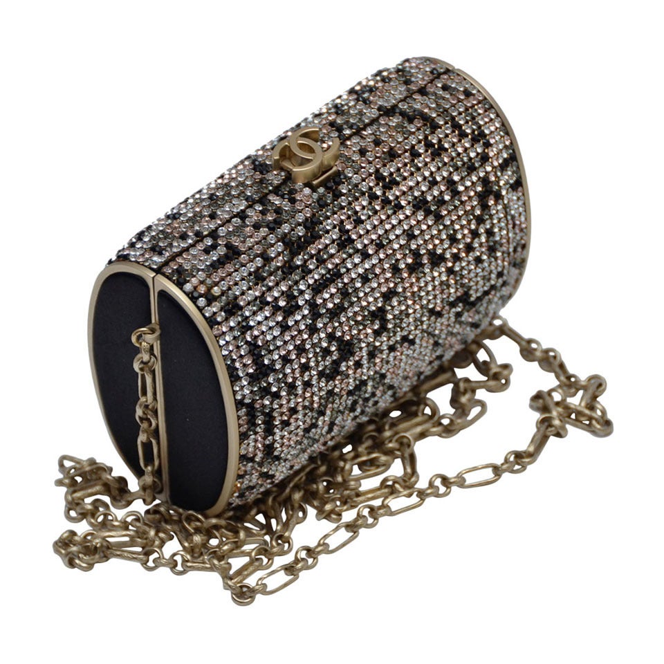 CHANEL Clutch Handbag Evening With Swarovski  Black Gold Brown Crystals Mint