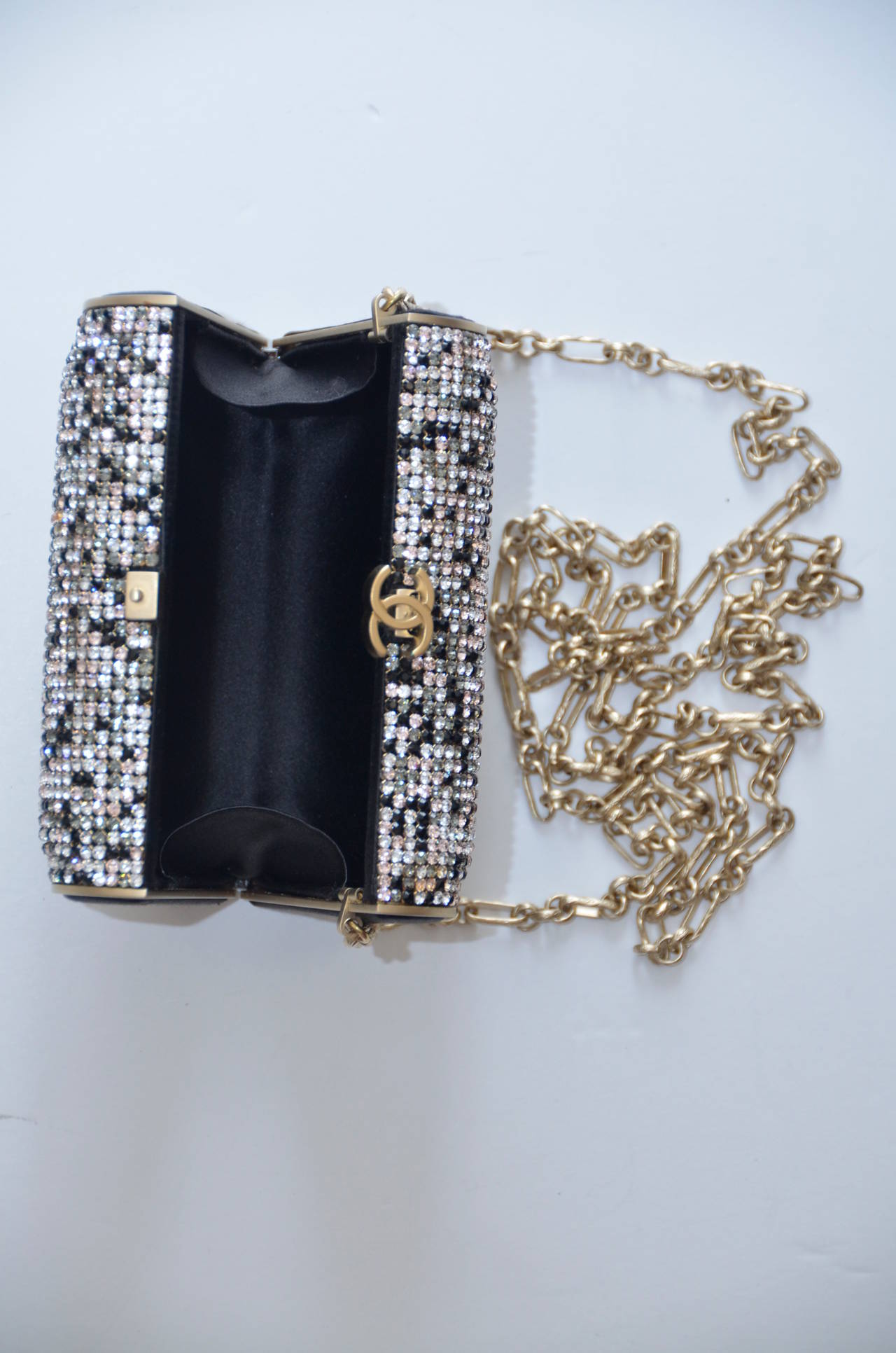 CHANEL Clutch Handbag Evening With Swarovski  Black Gold Brown Crystals Mint In Excellent Condition In New York, NY