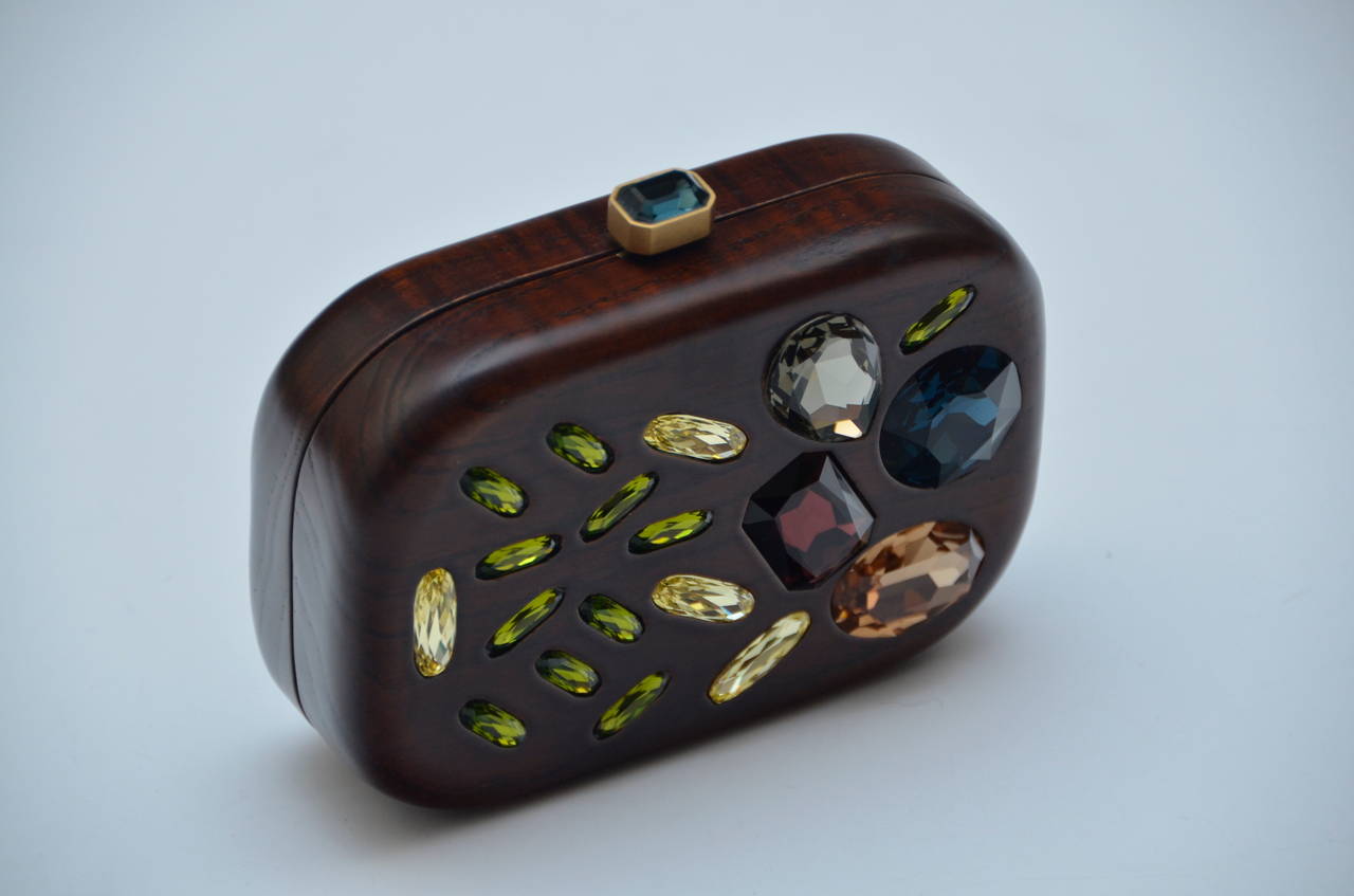 DEVI KROELL  Wood Crystal Minaudière Clutch Handbag