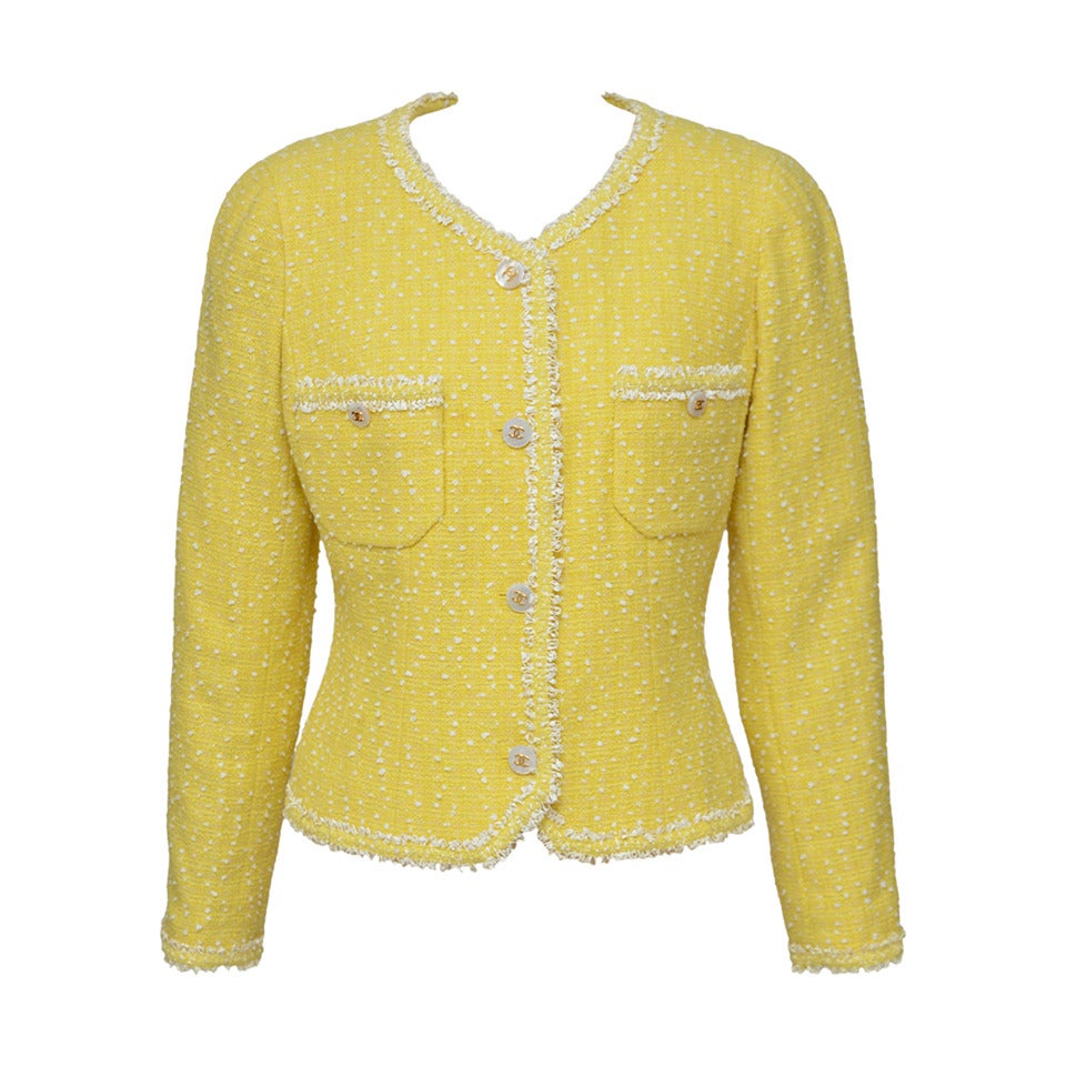 Vintage CHANEL Yellow Boucle Tweed Jacket 1997 Mint Size 42