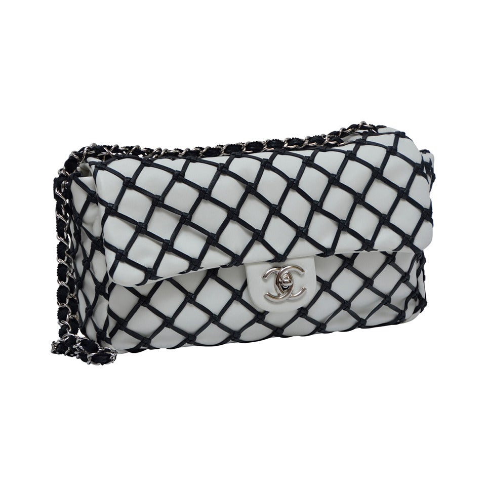 Chanel Jumbo  Flap White Lambskin Leather Handbag With Black Leather Net NEW