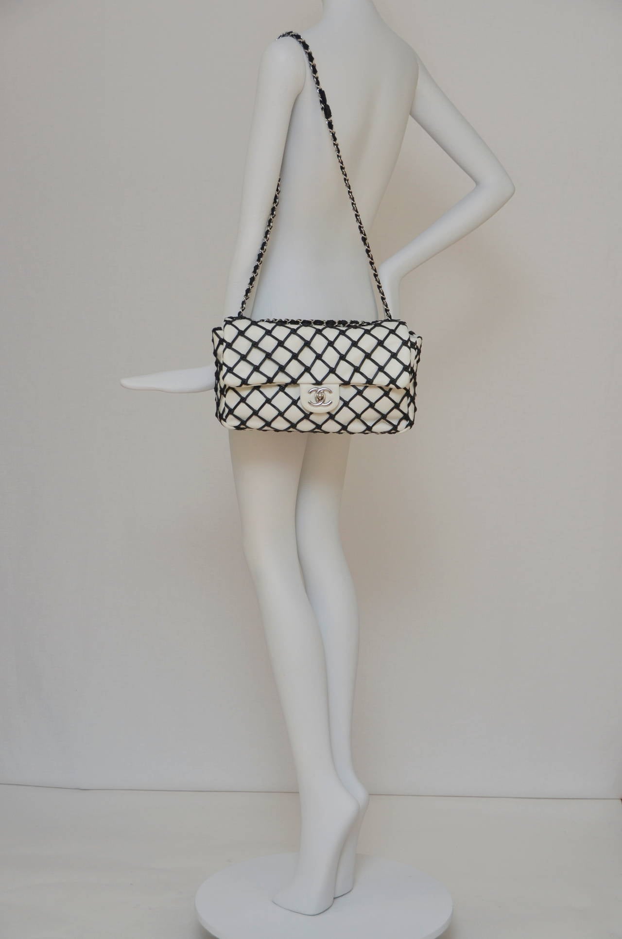 Chanel Jumbo  Flap White Lambskin Leather Handbag With Black Leather Net NEW 1