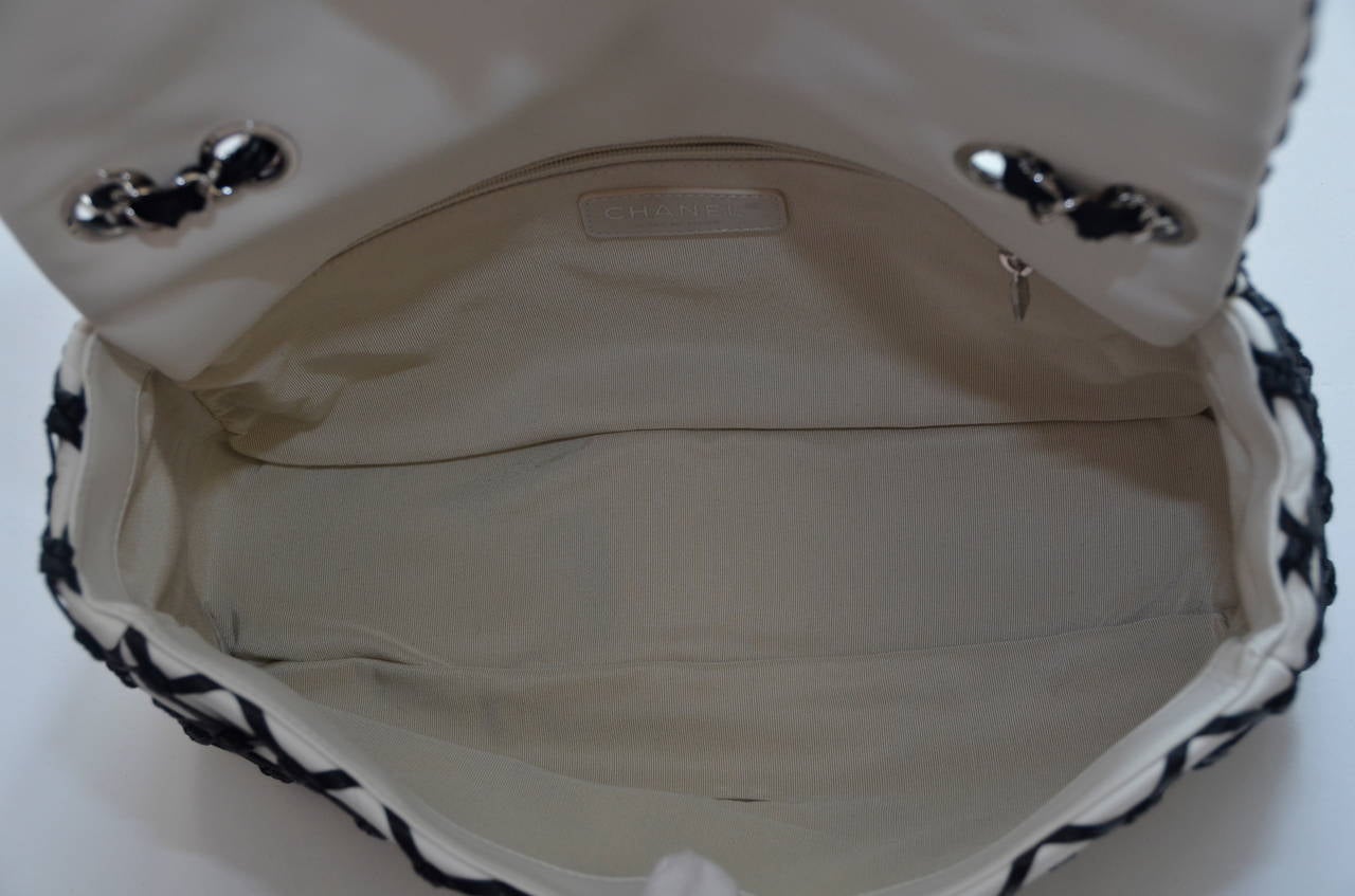 Chanel Jumbo  Flap White Lambskin Leather Handbag With Black Leather Net NEW 3