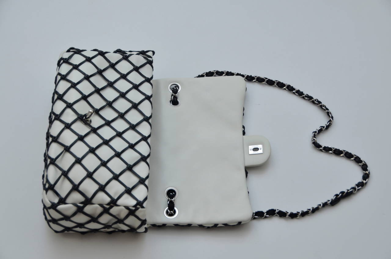 Chanel Jumbo  Flap White Lambskin Leather Handbag With Black Leather Net NEW 5