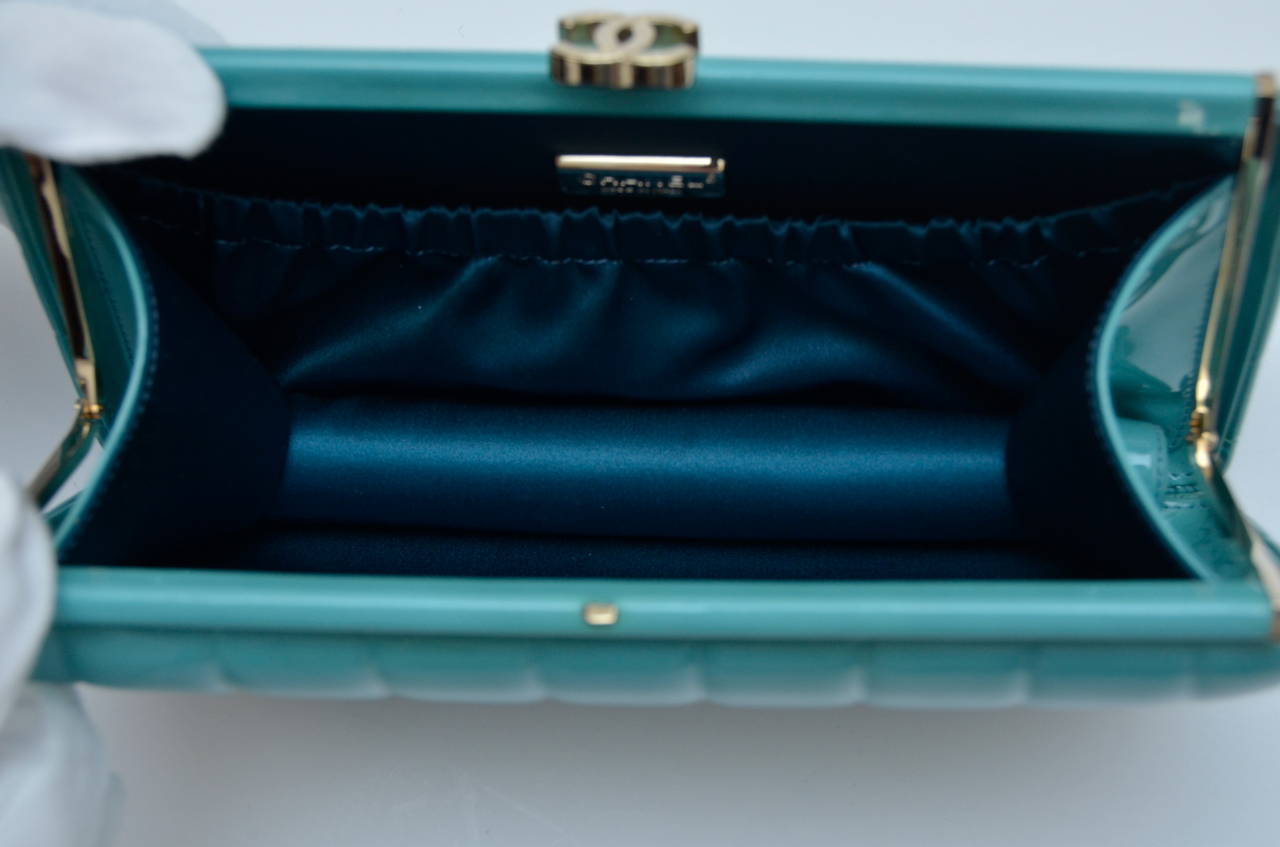Women's CHANEL Patent  Clutch Handbag Turquoise Color New