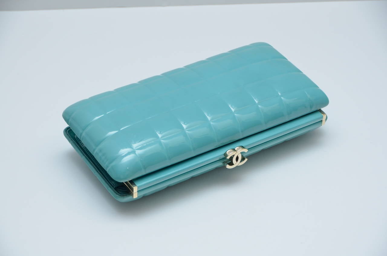 CHANEL Patent  Clutch Handbag Turquoise Color New In New Condition In New York, NY