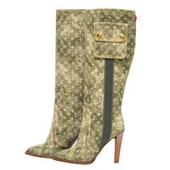 Louis Vuitton Green Denim Monogramouflage Murakami Heels Boots Shoes NEW 39