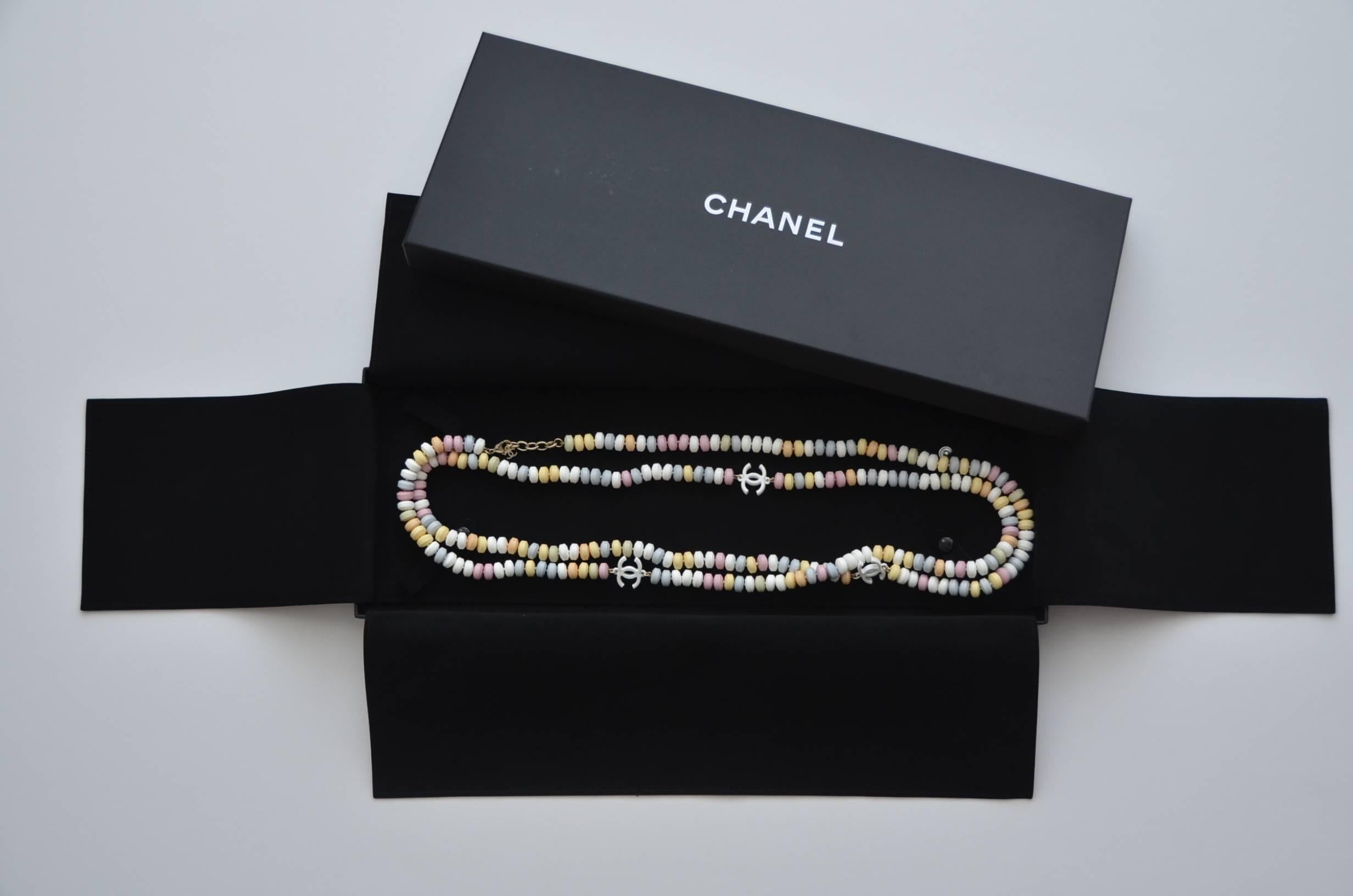 One of the most popular and sought after Chanel  necklaces .
Brand new in beautiful velvet box with snaps inside to secure the necklace.
About 64