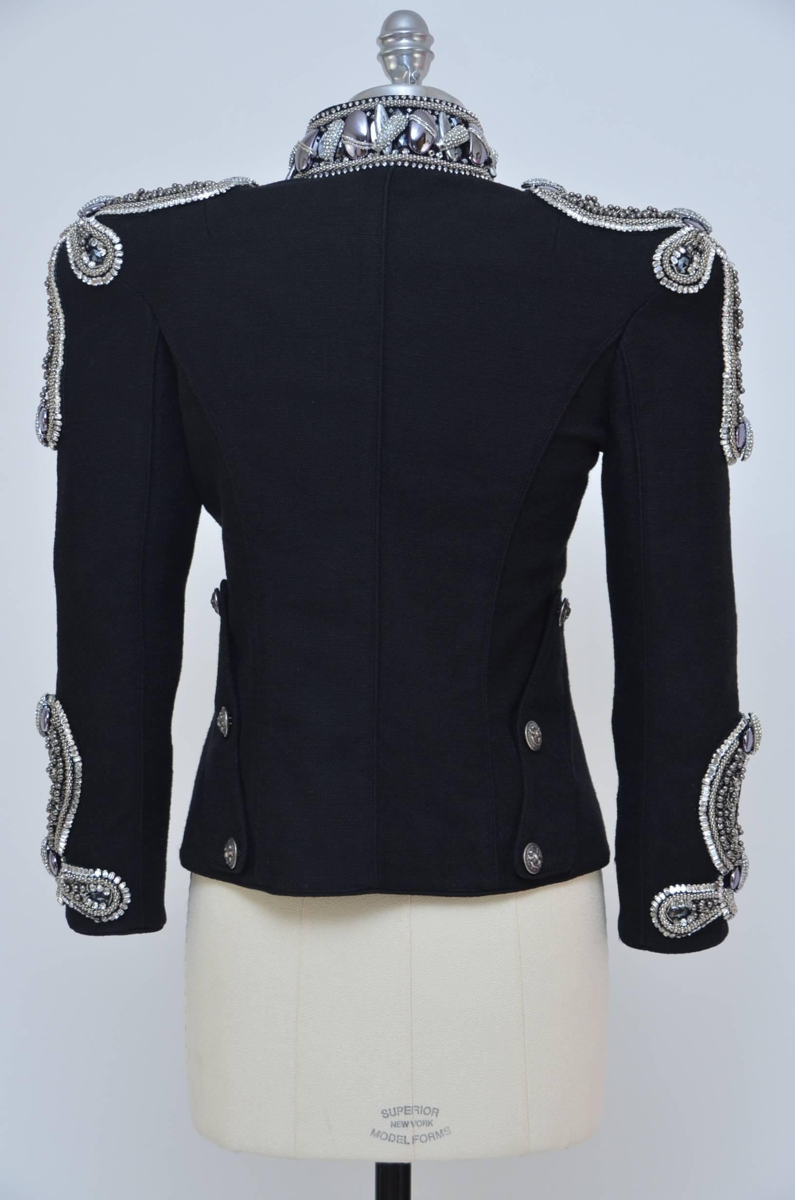 Balmain crystals,pearls(imitation) and metal embellished exclusive rare jacket from highly desirable and collectible Christophe Decarnin 2009 runway collection.Seen on the best dressed : Anna Dello Russo,Cindy Crawford,  Beyonce,Daria Werbowy and