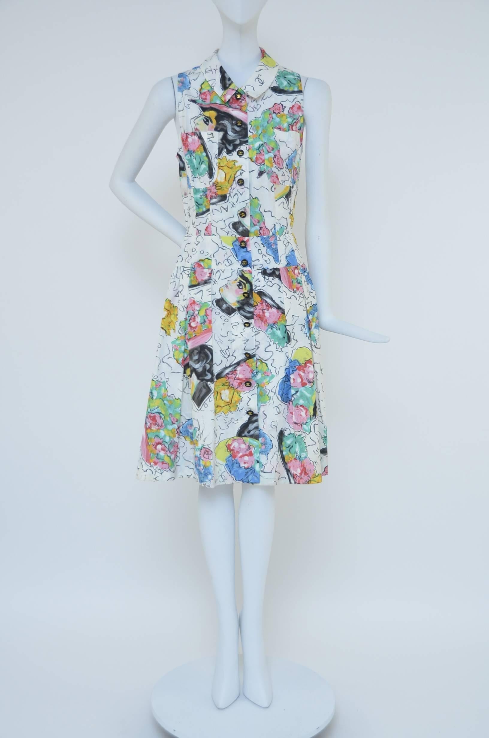 Gray CHANEL 1995 Coco Chanel Print Dress  New   40