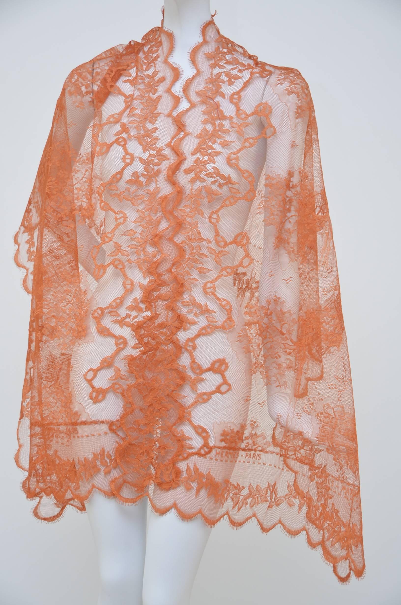 Amazing Rare  HERMES Lace Scarf With Hermes Paris  Embroidery  New  In New Condition In New York, NY