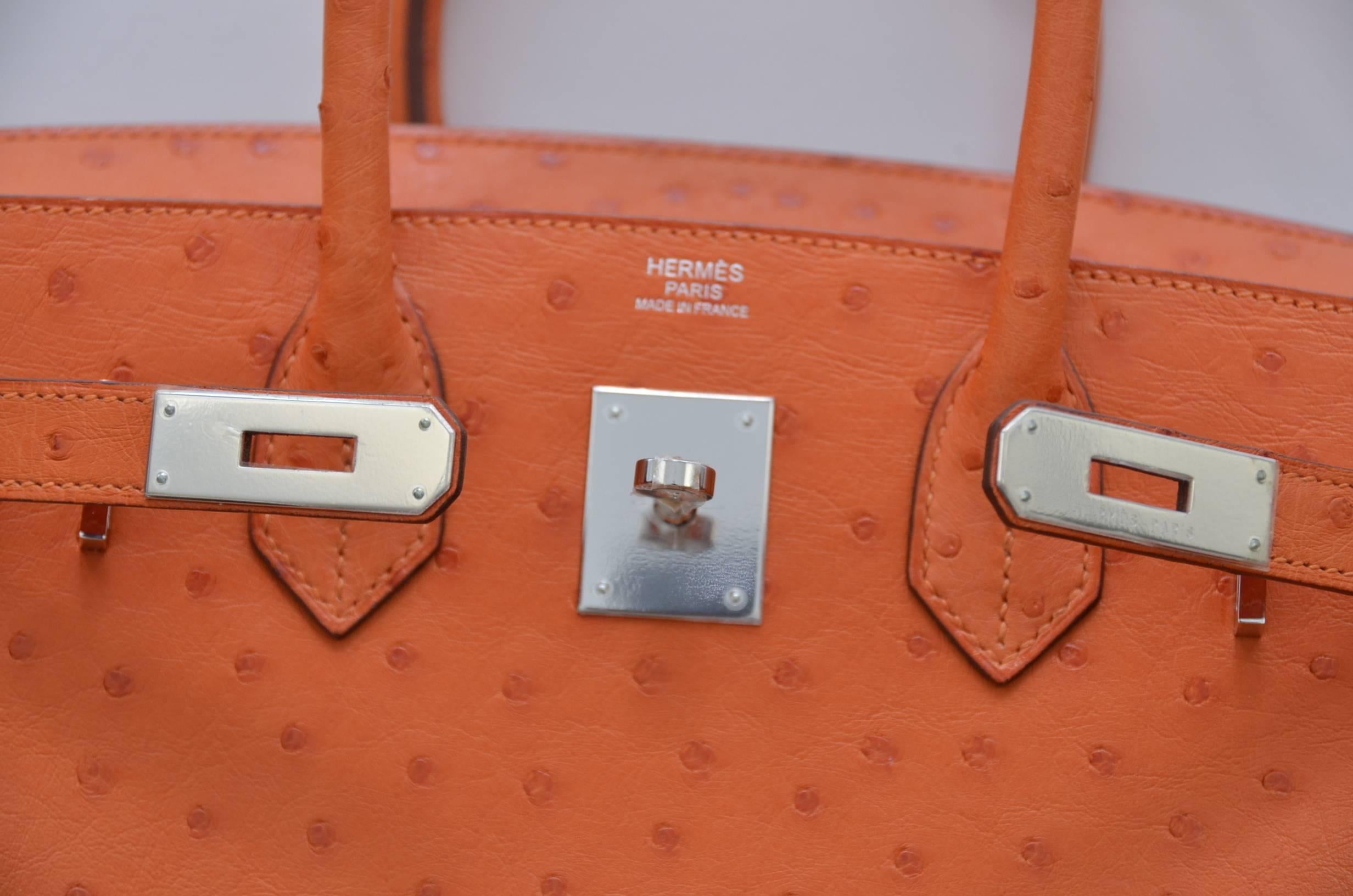 Women's or Men's Hermes Tangerine Ostrich Birkin Palladium Hardware  30cm NEW