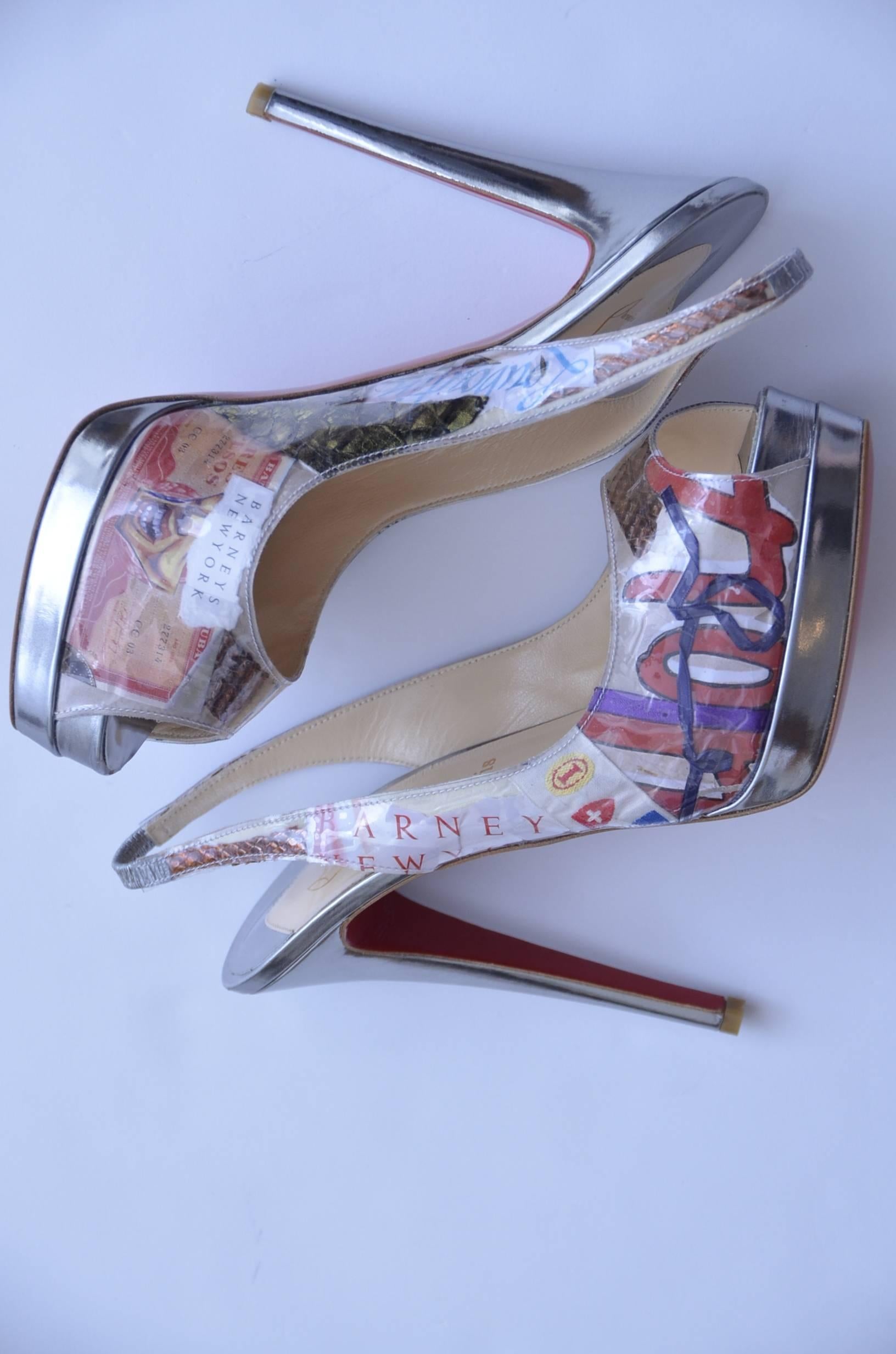 Christian Louboutin Cate Trash Heels

The neat thing about the louboutin Cate trash heels is that no two pairs are identical and they are all individually unique. Each shoe is  unique and made of 