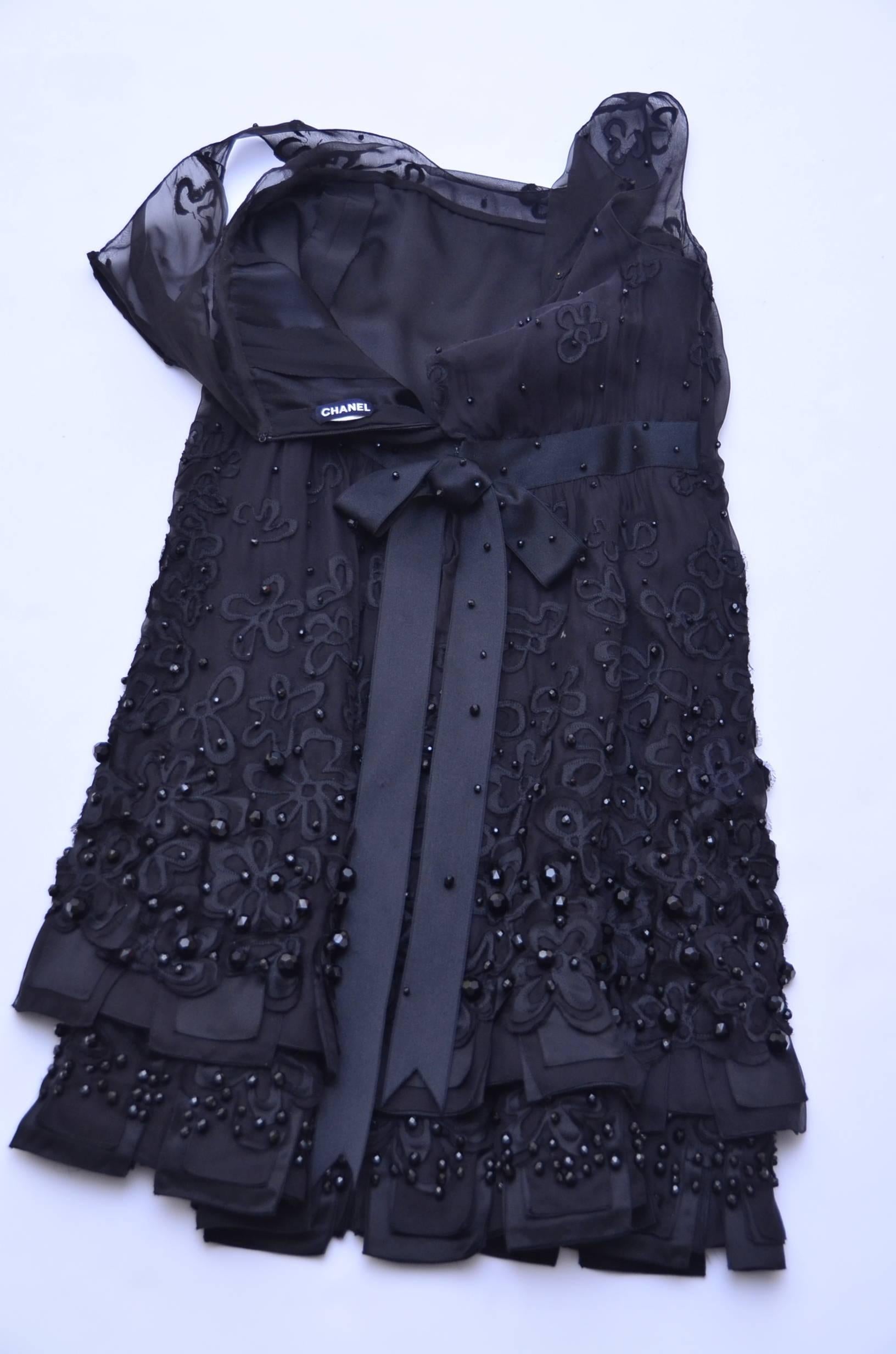 CHANEL Haute Couture Black Silk Embellished  Dress With Bow  Beautiful..... 5