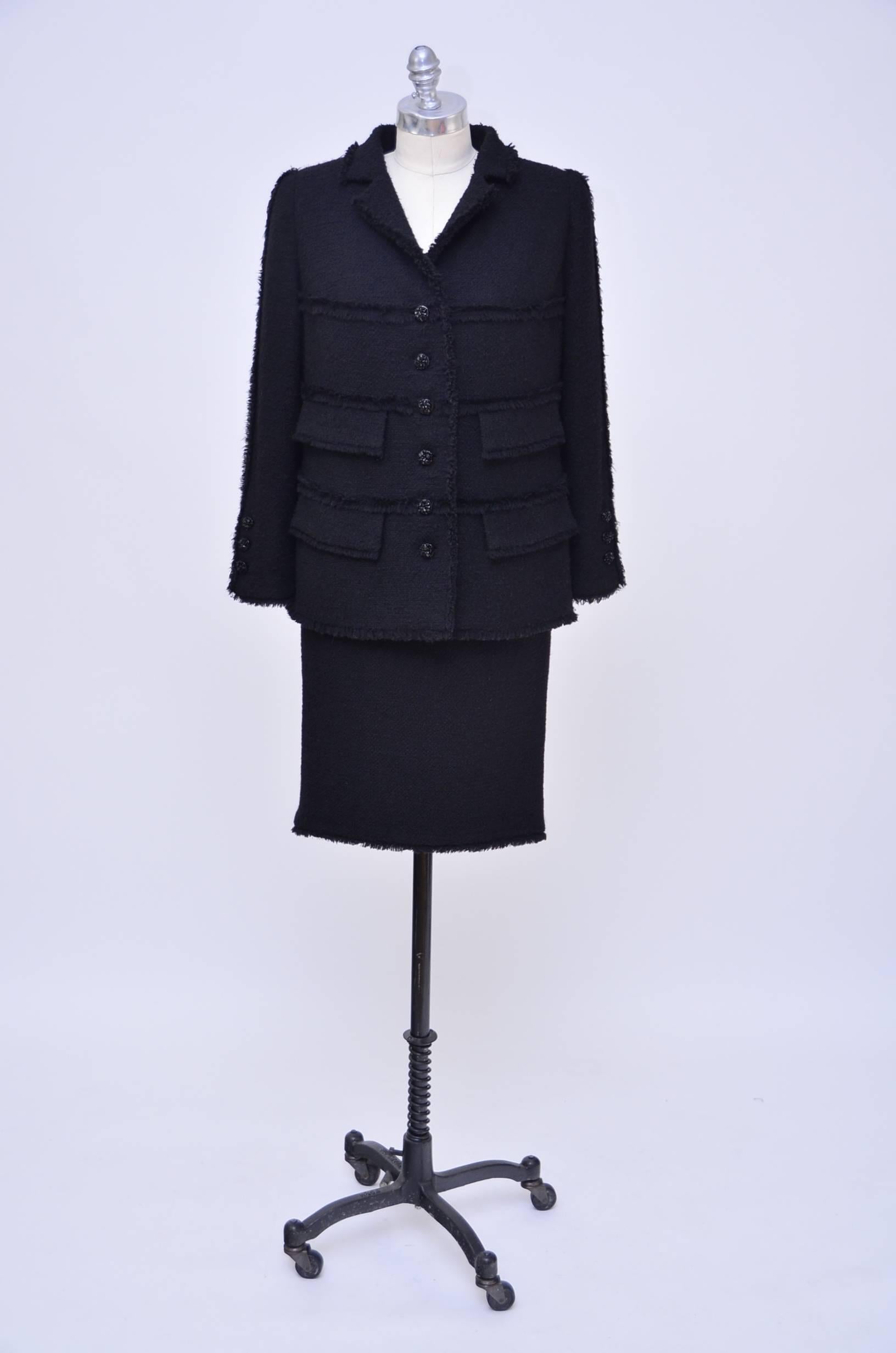 CHANEL Haute Couture Black Tweed Suit With Embellished Buttons Mint In Excellent Condition In New York, NY